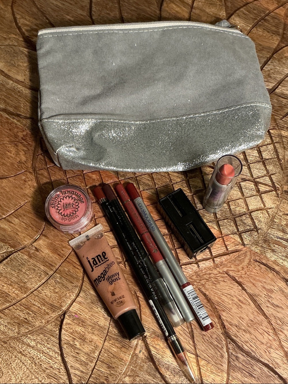 💄NWT Lip Stick Gloss & Liner Pencil Set 9 pc in silver glitter travel pouch